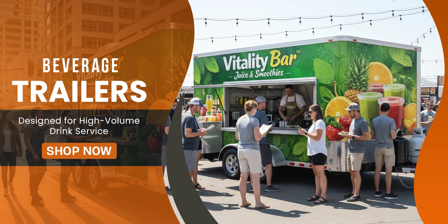 Food truck beverage trailer with drinks and serving window, perfect for mobile beverage service.